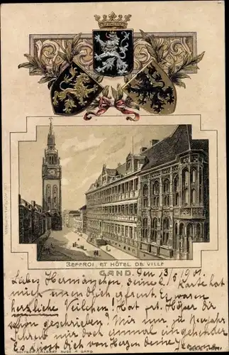 Wappen Litho Gand Gent Ostflandern, Beffroi et Hotel de Ville