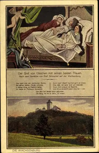 Künstler Ak Schneider, Graf von Gleichen mit seinen zwei Frauen im Bett, Wachsenburg, Außenansicht