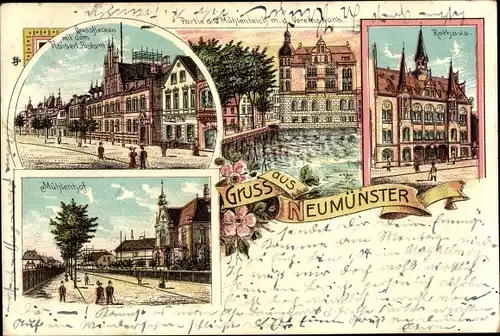 Litho Neumünster in Holstein, Rathaus, Mühlenhof, Postamt, Mühlenteich, Vereinsbank