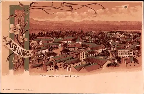 Mondschein Litho Bad Aibling in Oberbayern, Totalansicht von der Pfarrkirche aus