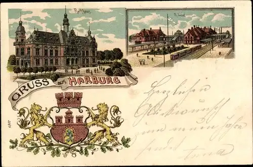 Wappen Litho Hamburg Harburg, Bahnhof, Rathaus