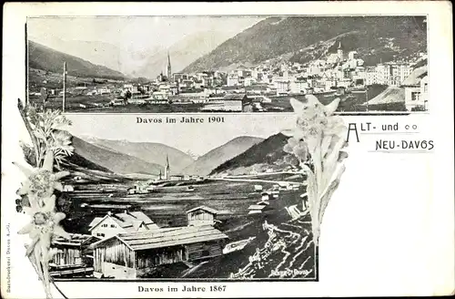 Ak Davos Kanton Graubünden, Stadtansichten 1867 und 1901, Totalansicht