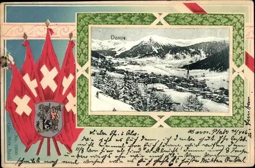 Präge Wappen Ak Davos Kanton Graubünden, Stadtansicht im Winter, Fahnen