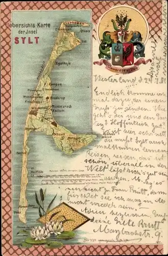 Landkarten Wappen Ak Insel Sylt in Nordfriesland, Totalansicht