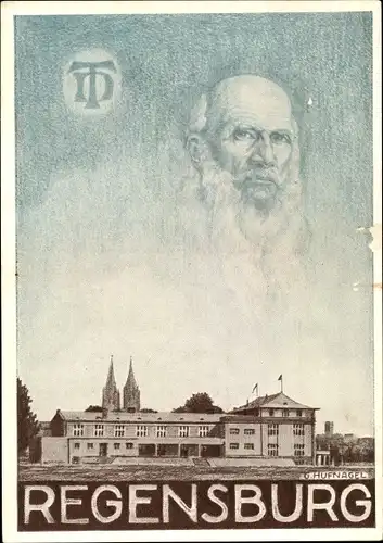 Künstler Ak Hufnagel, Regensburg an der Donau Oberpfalz, Jahnturnhalle, Einweihung, Turnvater Jahn