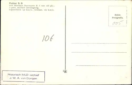 Ak Niederländisches Militärflugzeug, Fokker S 9