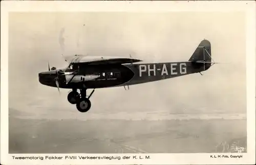 Ak Fokker F VIII Verkeersvliegtuig, KLM, niederländisches Passagierflugzeug, PH AEG