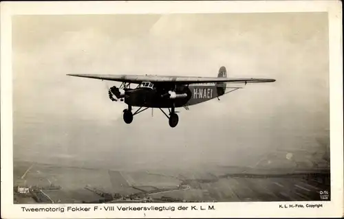 Ak Fokker F VIII Verkeersvliegtuig der KLM, H NAEI, niederländisches Passagierflugzeug