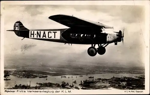 Ak Fokker F VII a, Verkeersvliegtuig der KLM, H NACT, niederländisches Passagierflugzeug