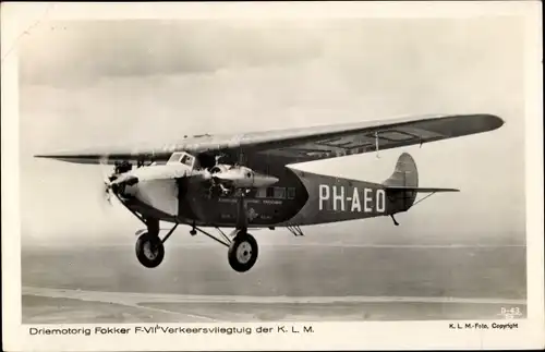 Ak Niederländisches Passagierflugzeug, Fokker VII Verkeersvliegtuig, KLM, PH AED