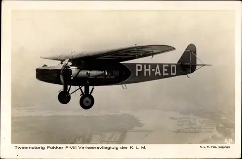 Ak Niederländisches Passagierflugzeug, Fokker VII Verkeersvliegtuig, KLM, PH AED