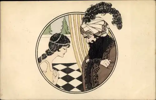 Künstler Ak Heijligers, Netty, Orientalische Szene, Frau, Mann mit Turban