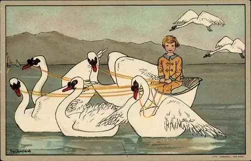 Künstler Ak Jordens, Bep, Kind in einem Schwanenboot auf dem Wasser, Schuitje Varen