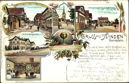 Litho Winden Pfalz, Bahnhof, Obere und untere Hauptstraße, Prot. Kirche