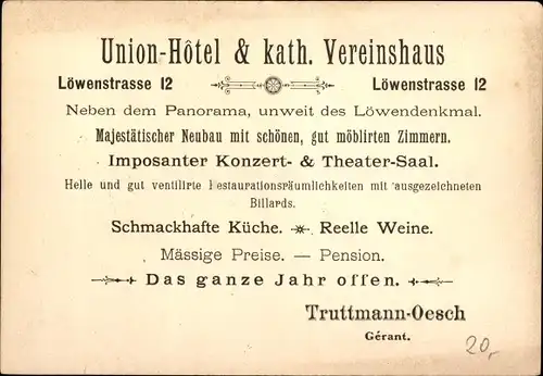 Litho Luzern Stadt Schweiz, Kath. Vereinshaus, Union Hotel, Löwenstraße 12