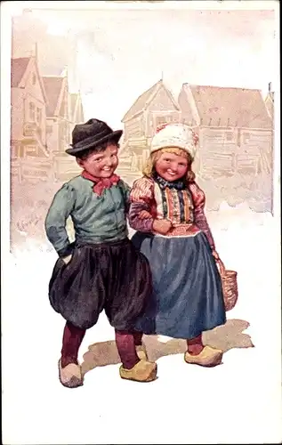 Künstler Ak Feiertag, K., Kinder in niederländischen Trachten, Liebespaar