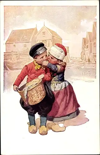 Künstler Ak Feiertag, Karl, Liebespaar sich küssend, Tracht, Korb