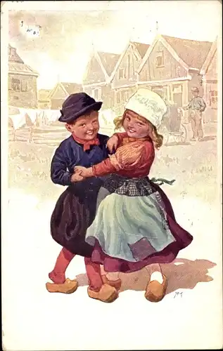Künstler Ak Feiertag, Karl, Liebespaar in niederländischen Trachten beim Tanzen