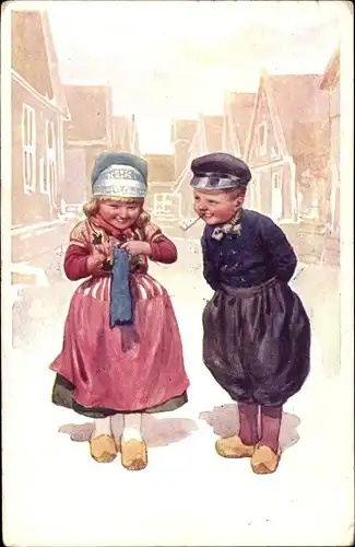 Künstler Ak Feiertag, K., Mädchen mit einem Verehrer, Niederländische Trachten, Pfeife