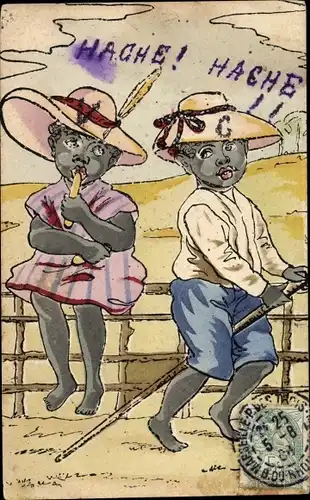 Ak Mädchen isst Maiskolben, Junge reitet auf einem Stock