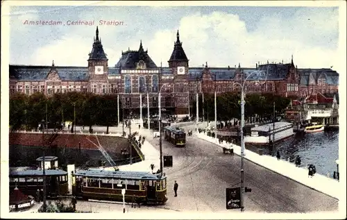 Ak Amsterdam Nordholland Niederlande, Centraal Station, Straßenbahn