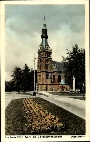 Ak Apeldoorn Gelderland, Loolaan N. H. Kerk en Verzelsmonument