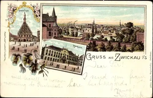 Litho Zwickau in Sachsen, Rathaus, Panorama, Gewandhaus