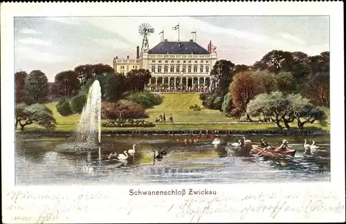 Ak Zwickau in Sachsen, Schwanenschloss, Teich, Springbrunnen