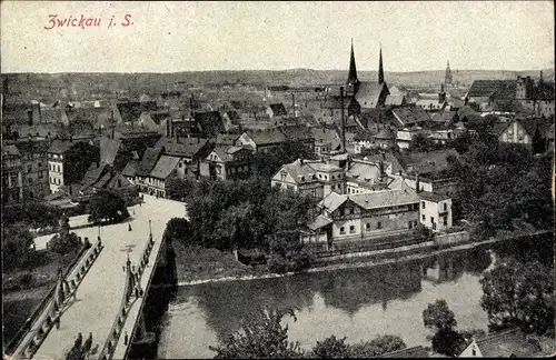 Ak Zwickau in Sachsen, Panorama mit Mulde, Brücke, Kirche