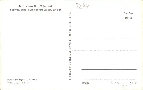 Ak Mutzschen Grimma in Sachsen, ehem. Schloss, Bezirksjugendschule der FDJ