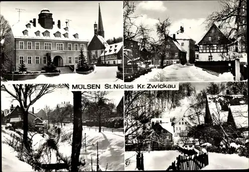Ak St Niclas Mülsen Sachsen, Gebäude, Ortsansicht, Straßenansicht, Schnee, Kirche