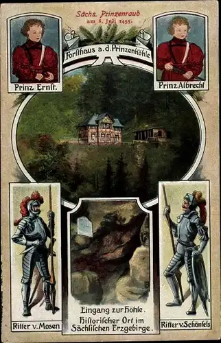 Künstler Ak Hartenstein im Erzgebirge Sachsen, Forsthaus Prinzenhöhle, Prinzenraub Ernst u. Albrecht