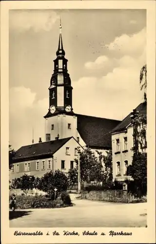 Ak Bärenwalde Crinitzberg in Sachsen, Kirche, Schule und Pfarrhaus