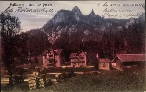 Ak Bischofswiesen in Oberbayern, Hallthurm, Ansicht mit Gebirgspanorama