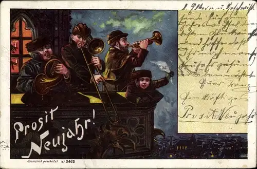 Litho Glückwunsch Neujahr, Männer spielen Musikinstrumente, Konzert am Rathausturm