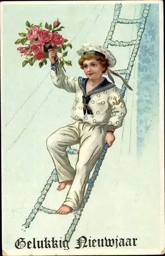 Ak Glückwunsch Neujahr, Kind als Marinesoldat, Blumenstrauß