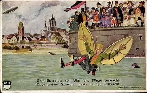 Künstler Ak Boettcher, Hans, Ulm an der Donau, Der Schneider, Zeppelin