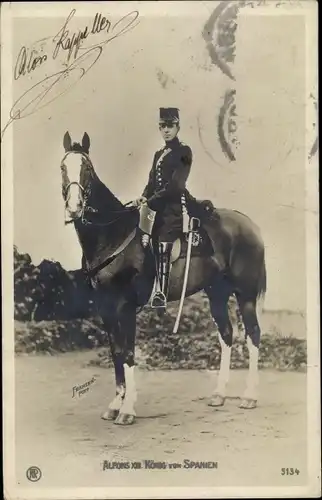 Ak König Alfons XIII. von Spanien, El Rey Alfonso XIII., Uniform, zu Pferd