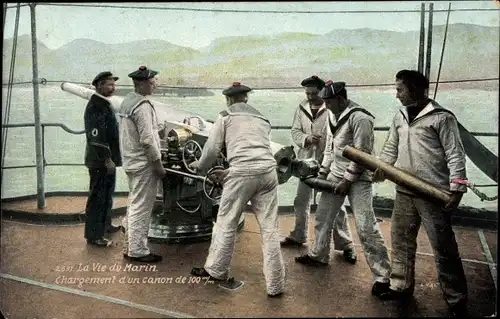 Ak La Vie du Marin, Französische Matrosen, Chargement d'un canon de 100mm