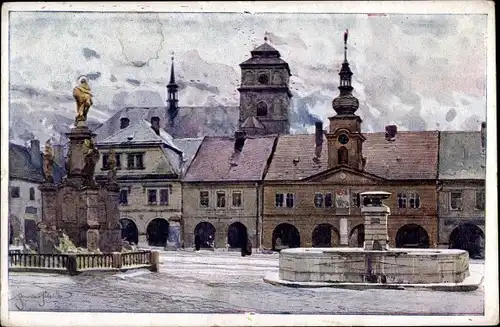 Künstler Ak Sobotka Saboth Reg. Königgrätz, Na namesti, Markt, Brunnen, Denkmal, Rathaus, Kirchturm