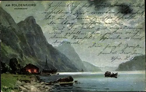 Künstler Ak Fosnes Norwegen, Partie Am Foldenfjord, Berge, Mond