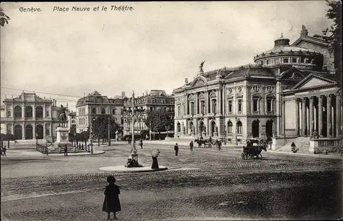 Ak Genève Genf Stadt, Blick auf den neuen Platz, Theater, Passanten