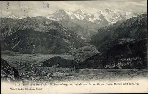 Ak Interlaken Kanton Bern Schweiz, Blick v. Amisbühl, Ort, Schreckhorn, Eiger, Mönch, Jungfrau