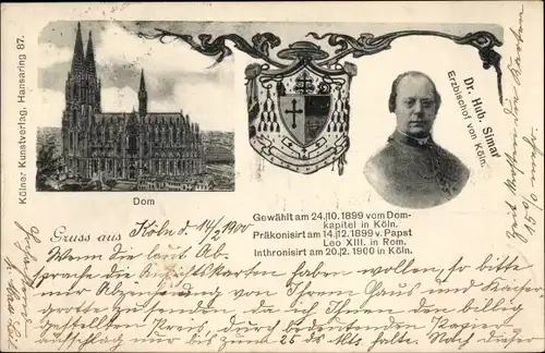 Ak Köln am Rhein, Dr. Hub. Simar, Erzbischof, Portrait, Dom