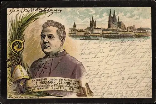 Litho Köln am Rhein, Bischof Dr. Hermann Jos. Schmitz von Köln und Zela, Portrait