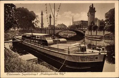 Ak Berlin Charlottenburg, Schwimmende Jugendherberge I, Oberbürgermeister Böß, Brücke