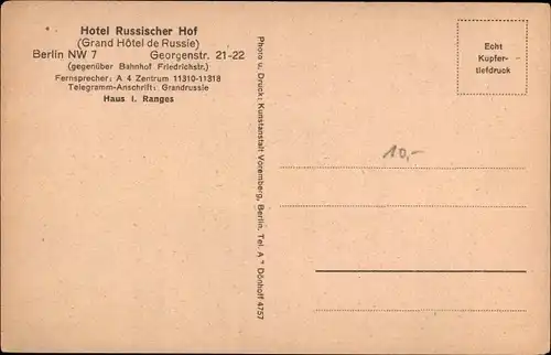 Ak Berlin Mitte, Hotel Russischer Hof, Georgenstraße 21 bis 22, Hôtel de Russie