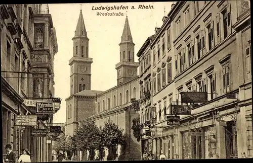 Ak Ludwigshafen am Rhein, Wredestraße, Kirche, Alex Poschinger, Oscar Reich, Jean Hauck