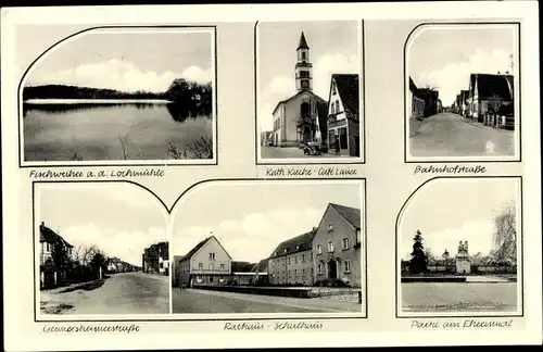 Ak Lingenfeld in der Pfalz, Fischweiher, Kath. Kirche, Bahnhofstraße, Rathaus, Straßenpartie