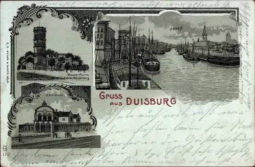 Mondschein Litho Duisburg im Ruhrgebiet, Hafen, Wasserturm, Bahnhof